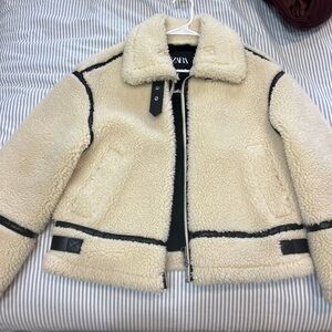 Zara Women's Cream Teddy Jacket with Black Trim